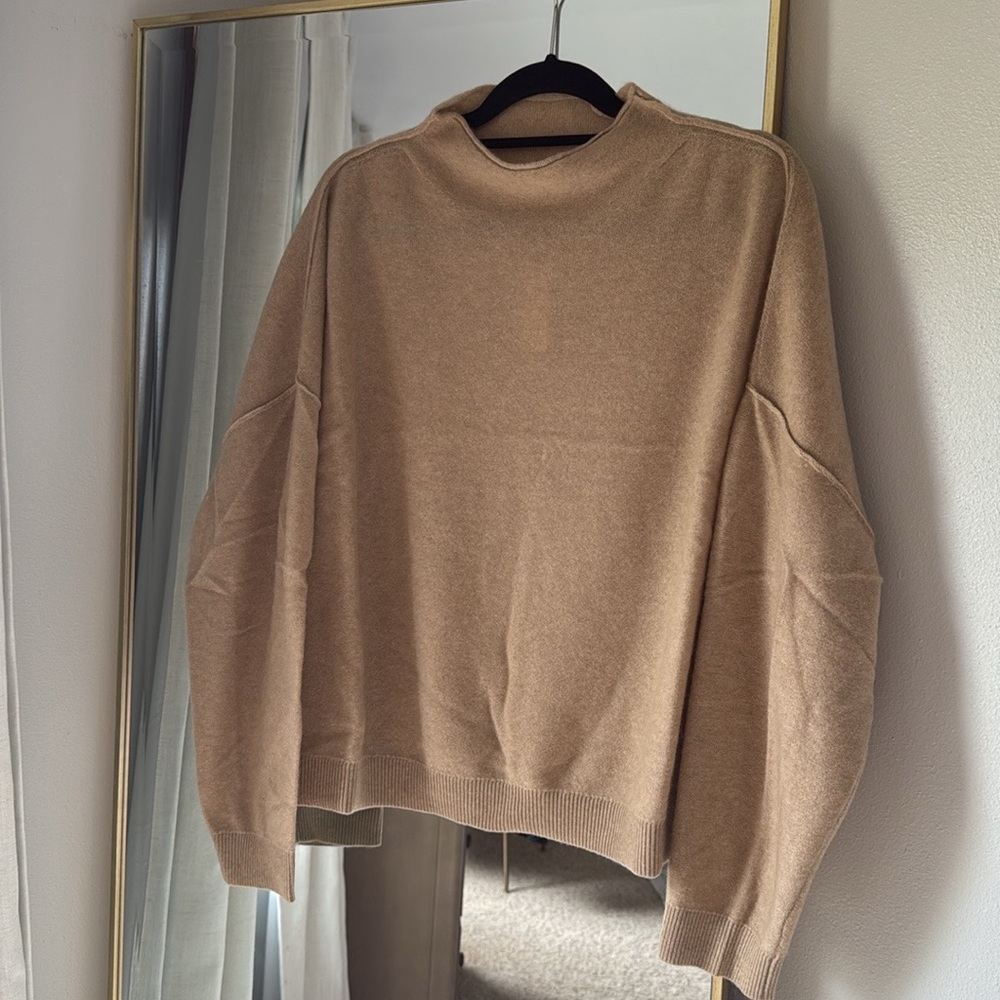 NWT Anthropologie The Alani Cashmere Mock-Neck Sweater by Pilcro Sand Dollar Tan - Picture 4 of 9